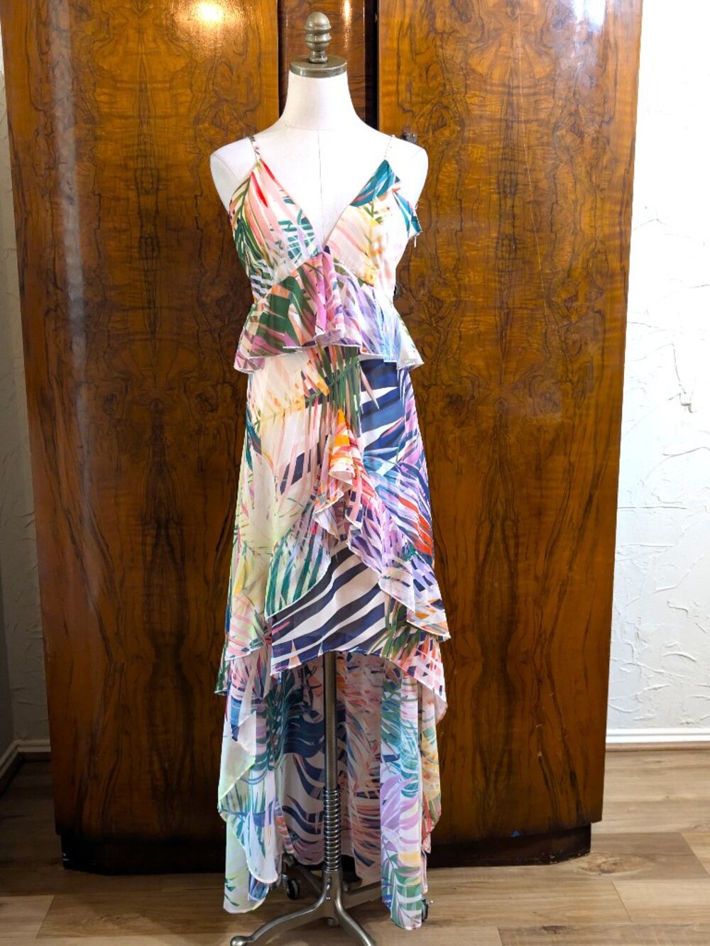 Boston Proper Tropical Floral Maxi Dress 4 High Low Ruffle Summer Resort Beach